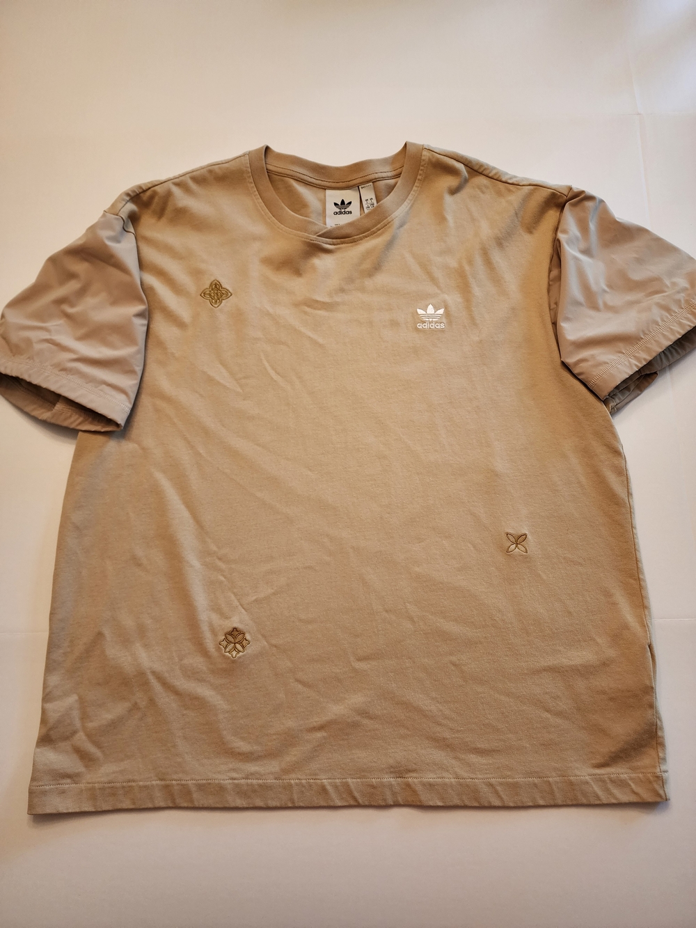 adidas Men’s Tan Crewneck Tee with Subtle Embroidered Motifs